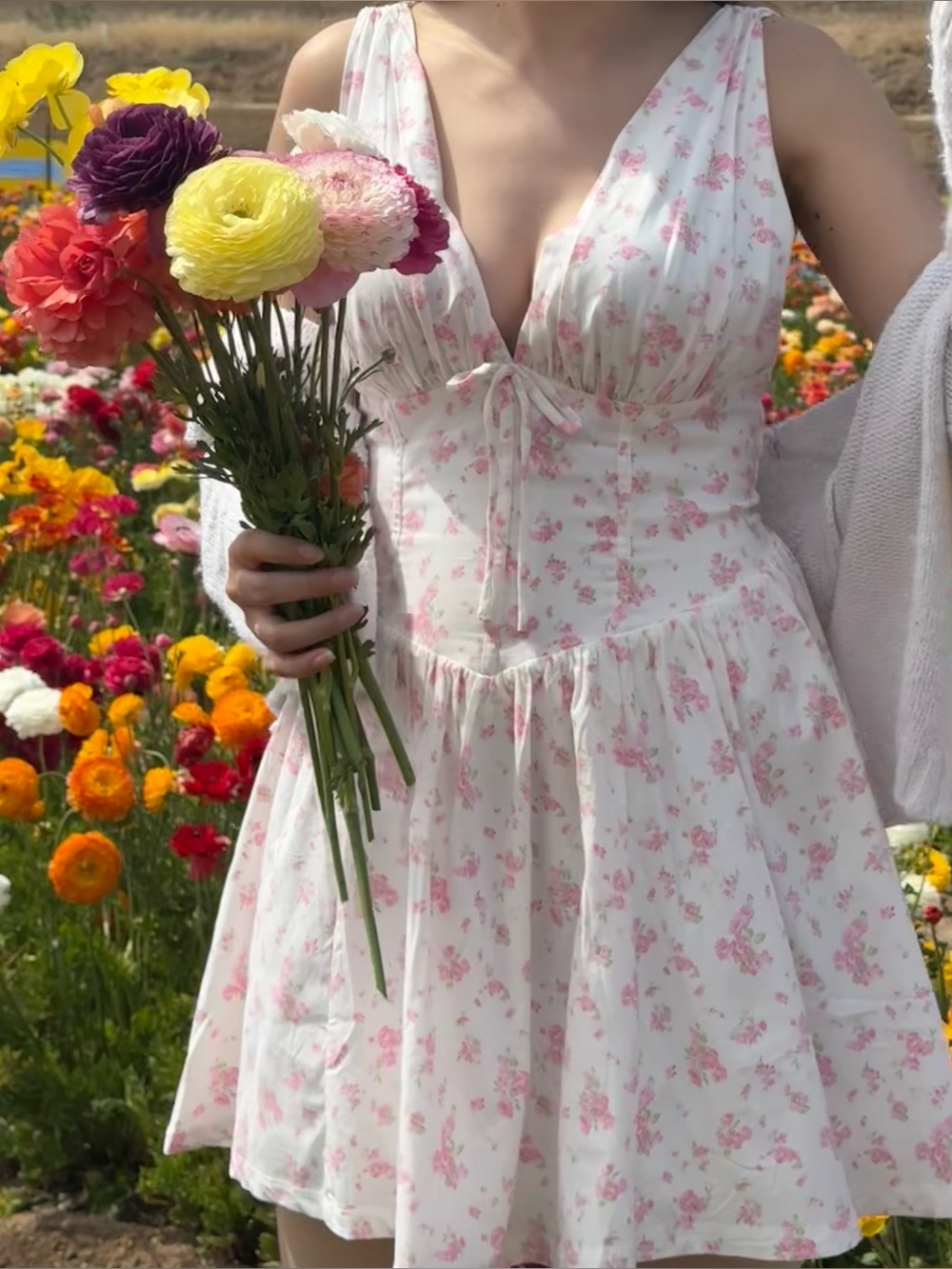 Size Large-Blashe white pink floral v neck spring mini dress